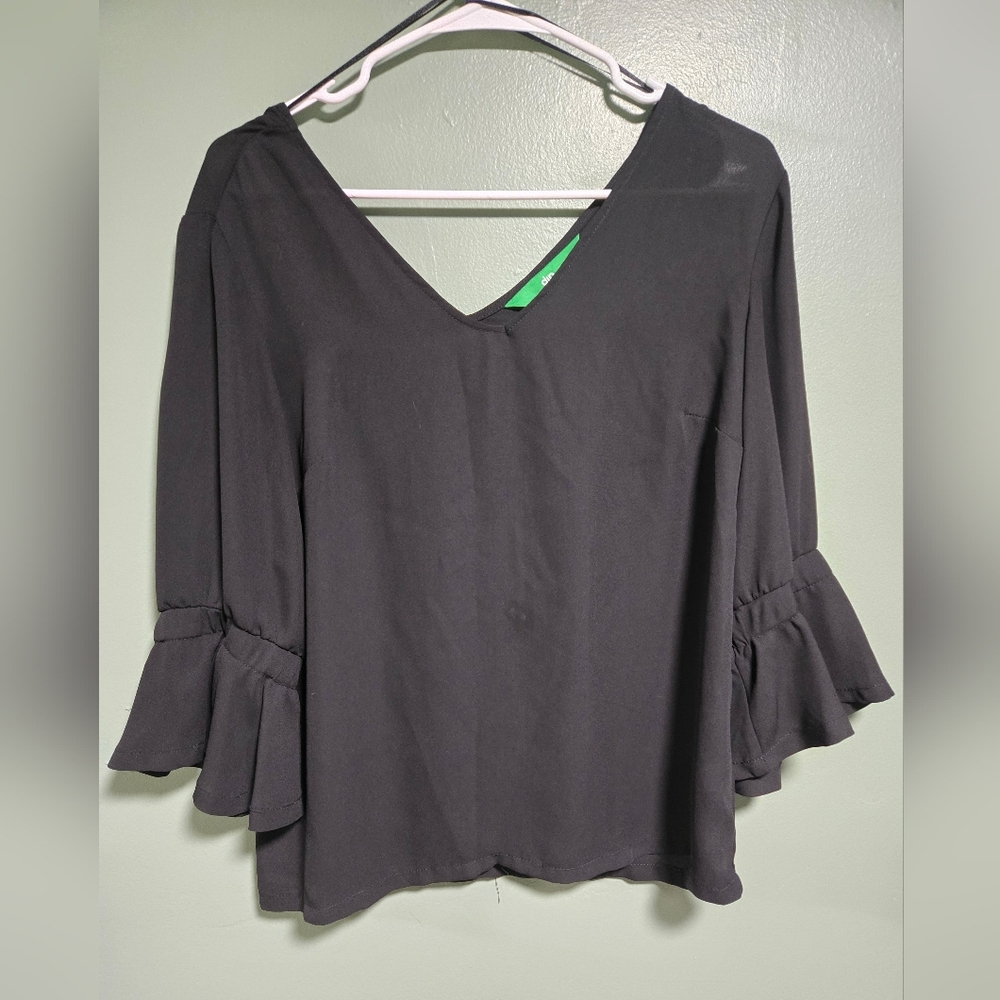 Dip Black Ruffled Blouse with Flutter Sleeves